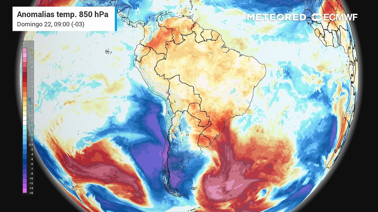 Domingo, 22 de março: anomalia de temperatura em 850 hPa (massa de ar)