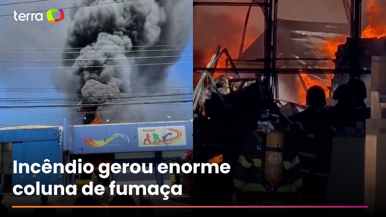 Vídeos mostram incêndio de grandes proporções em loja de tintas na Grande SP