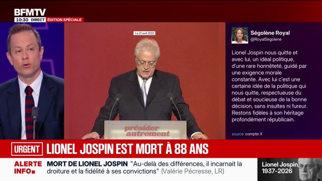 Mort de Lionel Jospin: pour Jordan Bardella, Lionel Jospin restera dans nos mémoires comme une figure de la Ve République et (...) comme un honnête homme de gauche