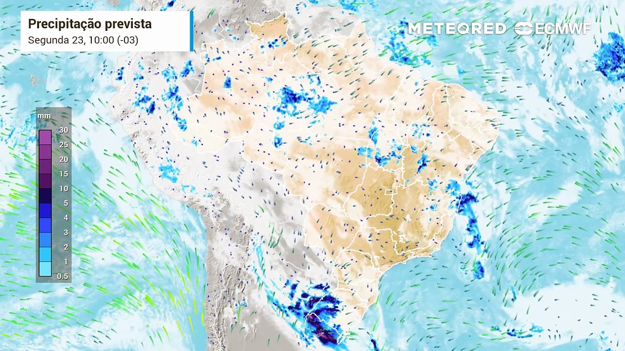 Segunda-feira, 23 de março: Previsão de precipitação e nebulosidade entre segunda (23) e quarta-feira (25).