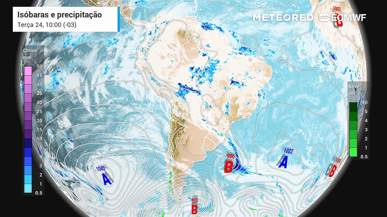 Terça-feira, 24 de março: Previsão de chuva, nebulosidade e pressão a nível médio do mar entre terça (24) e quinta-feira (26).