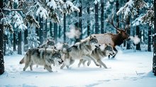 Wolf Pack Hunt in Snow