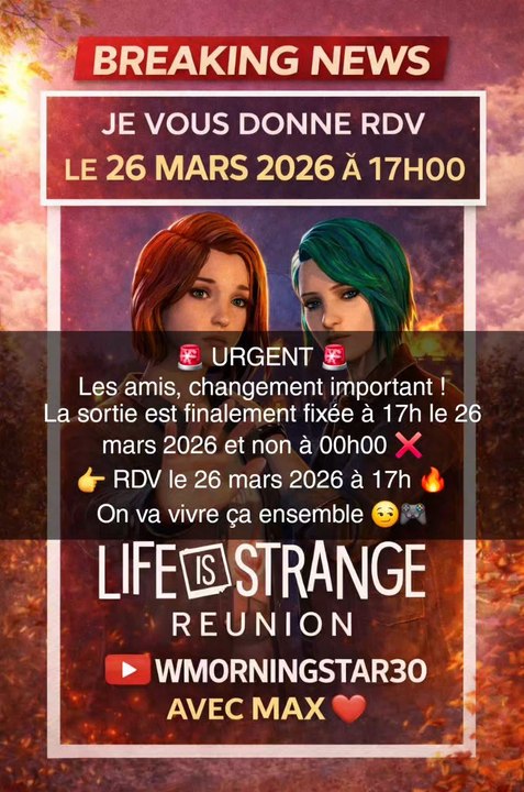 🚨 URGENT 🚨Les amis, changement important !La sortie est finalement fixée à 17h le 26 mars 2026 et non à 00h00 ❌👉 RDV le 26 mars 2026 à 17h 🔥On va vivre ça ensemble 😏🎮