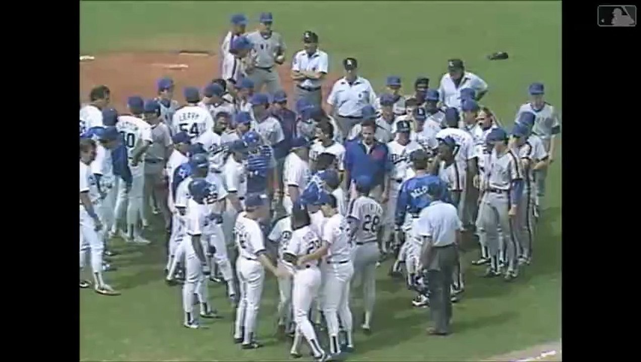 Pedro Guerrero hit by a pitch by David Cone, Guerrero hurls his bat, Dodgers and Mets empty benches (5/22/88)
