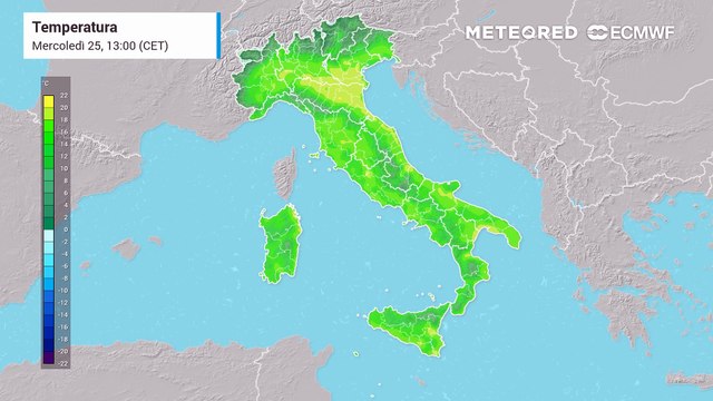 Mappa relativa all'andamento delle temperature previste nei prossimi giorni