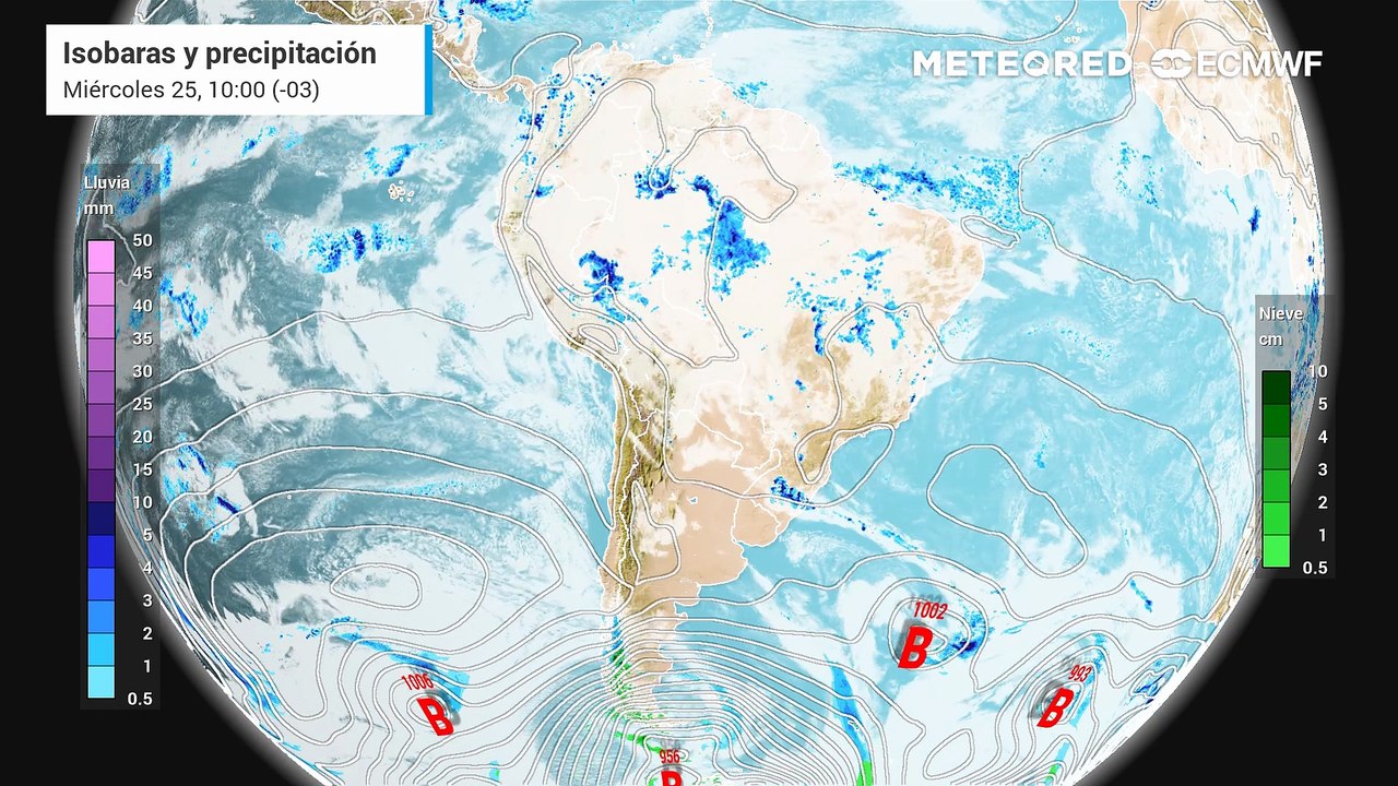 Pronóstico de isobaras y precipitación: Miércoles 25 de Marzo.