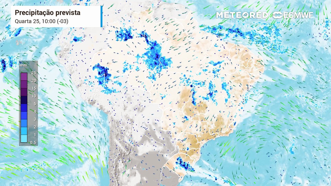 Quarta-feira, 25 de março: Previsão de nebulosidade e chuva entre esta quarta (25) e sexta-feira (27).