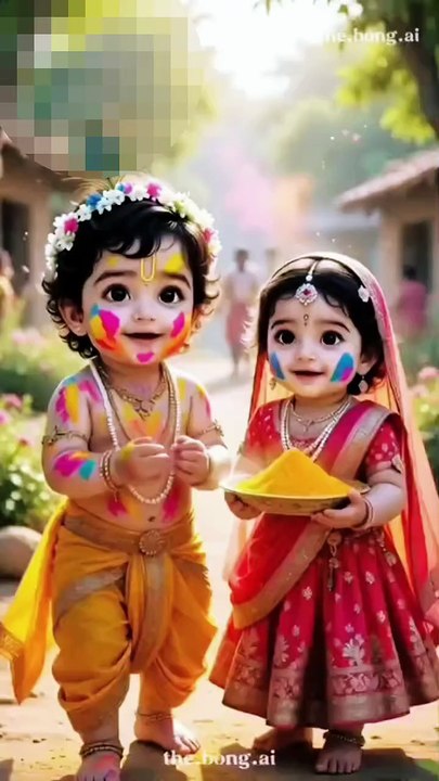 An AI generated video of two children wishing everyone "Happy Holi"