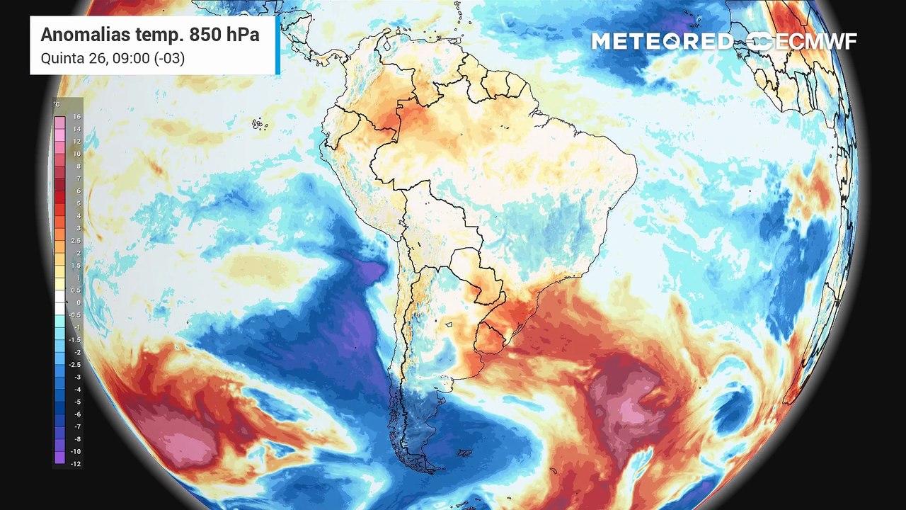 Quiunta-feira, 26 de março: anomalia de temperatura em 850 hPa nos próixmos dias.