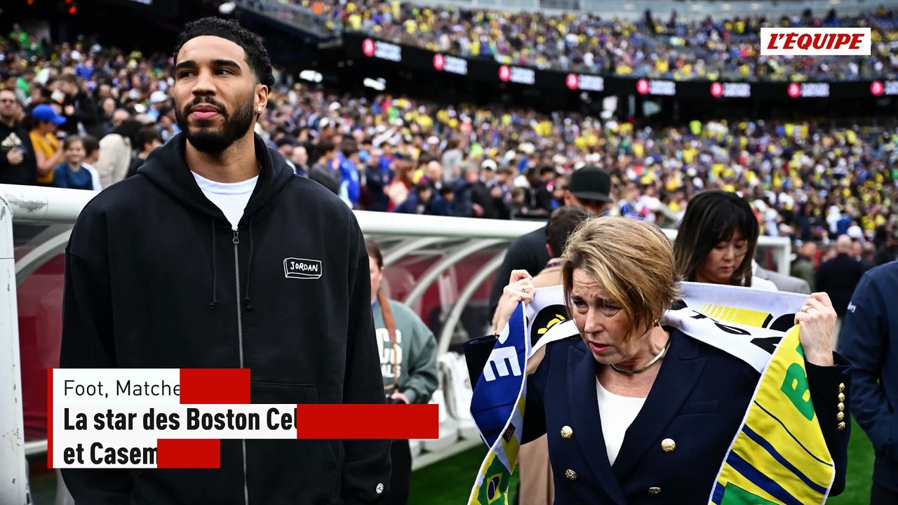 La star des Boston Celtics Jayson Tatum a salué Kylian Mbappé et Casemiro avant France - Brésil - Foot - Amical