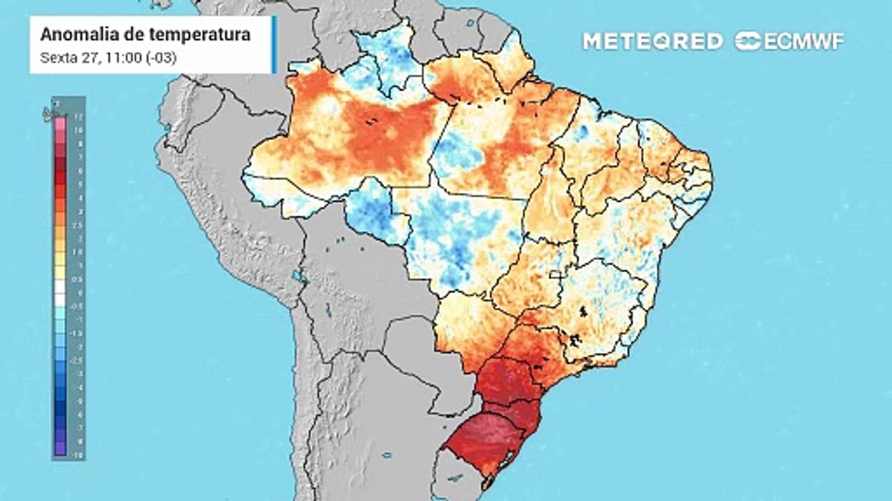 Sexta-feira, 27 de março: previsão de anomalia de temperatura