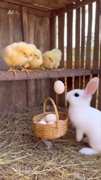 Easter Bunny Picks Eggs from Chicks