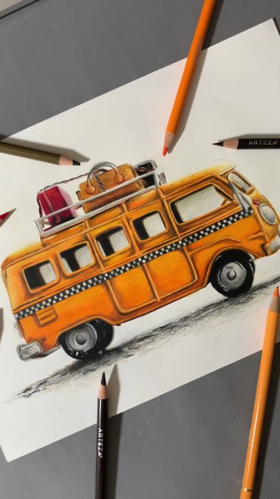 Dessin réaliste d'un van aux crayons de couleur