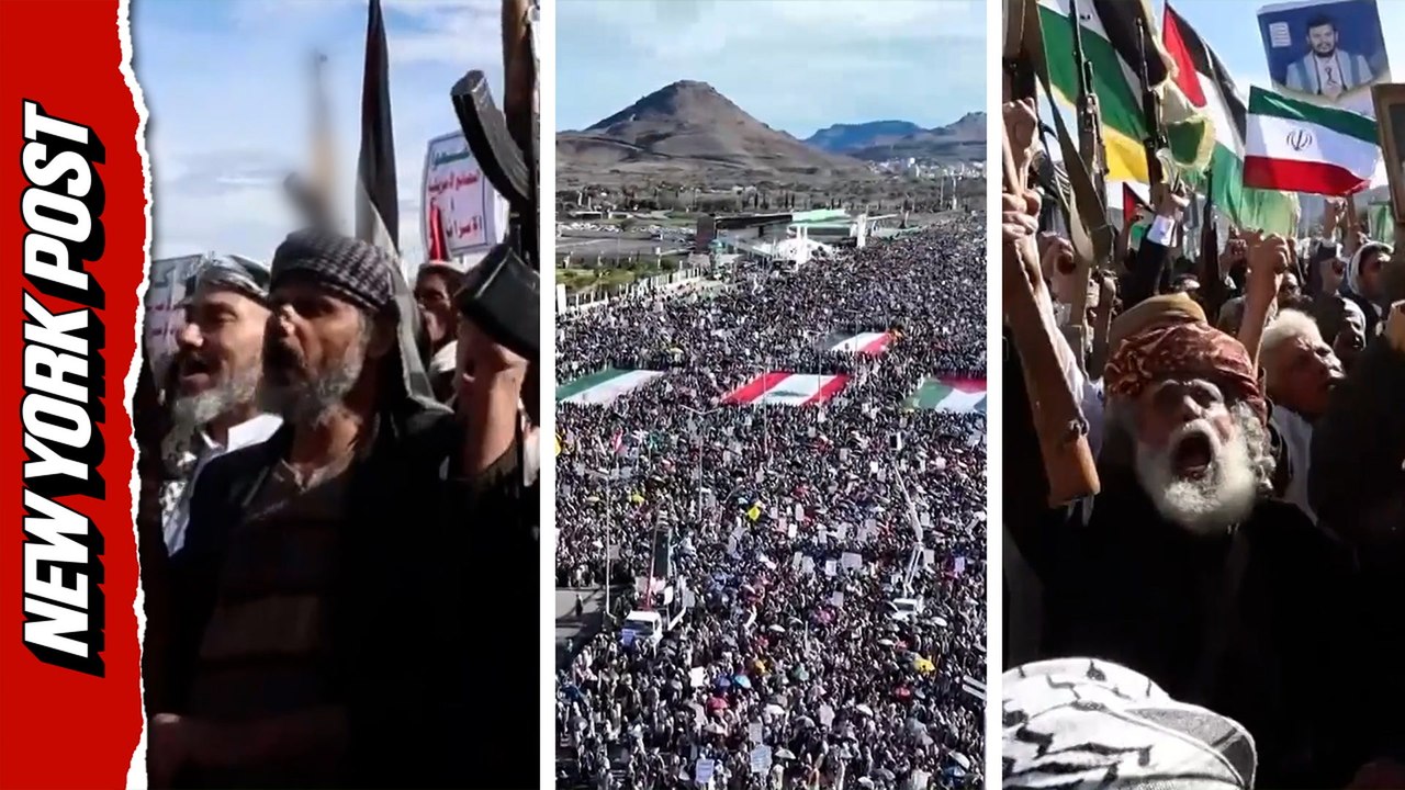 Streets of Sanaa, Yemen packed with thousands of Houthis in support of Iran