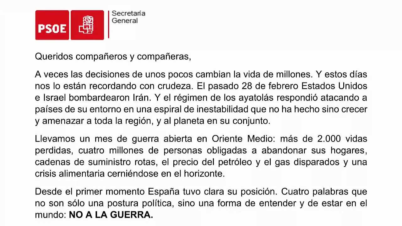 Sánchez escribe a la militancia del PSOE para defender su respuesta ante la guerra
