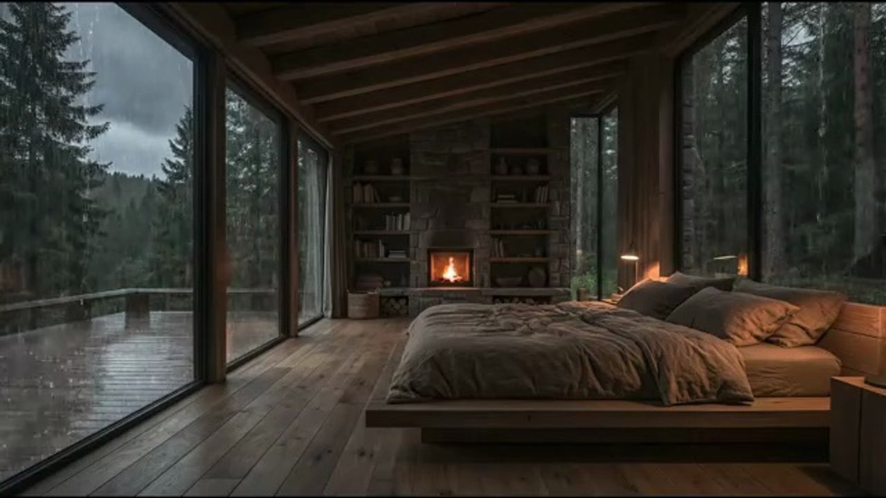 Heavy Rain Sounds for Deep Sleep  Rain Falling Outside a Cozy Fireplace Cabin