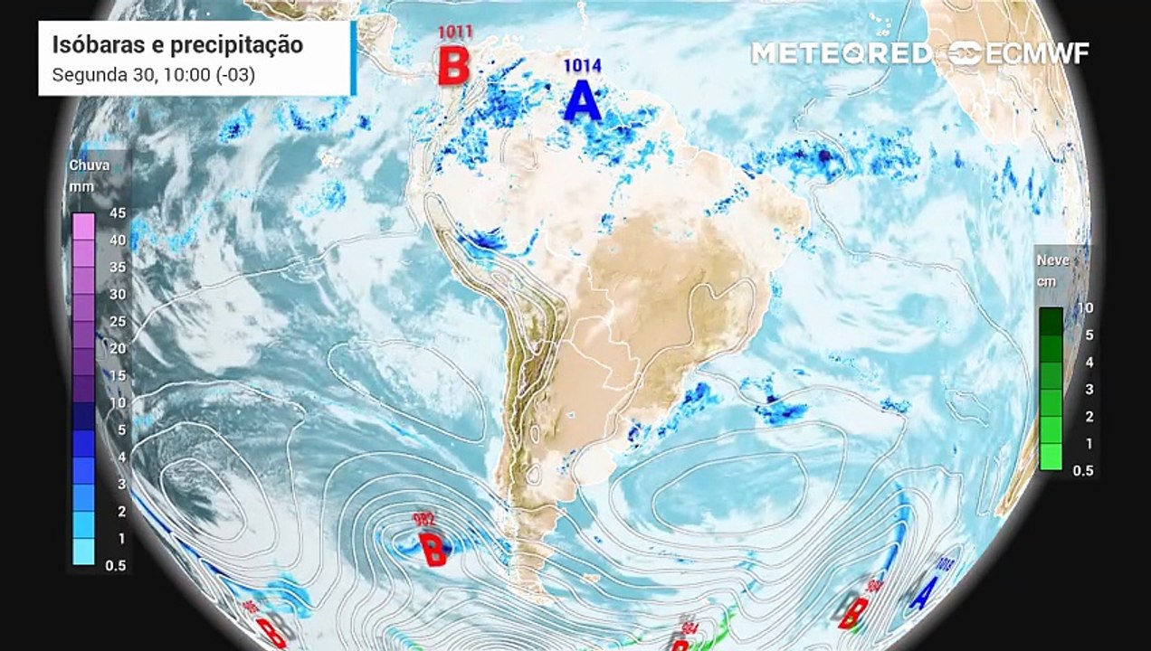 Segunda-feira, 30 de março: Previsão de nebulosidade, chuva e pressão a nível médio do mar.