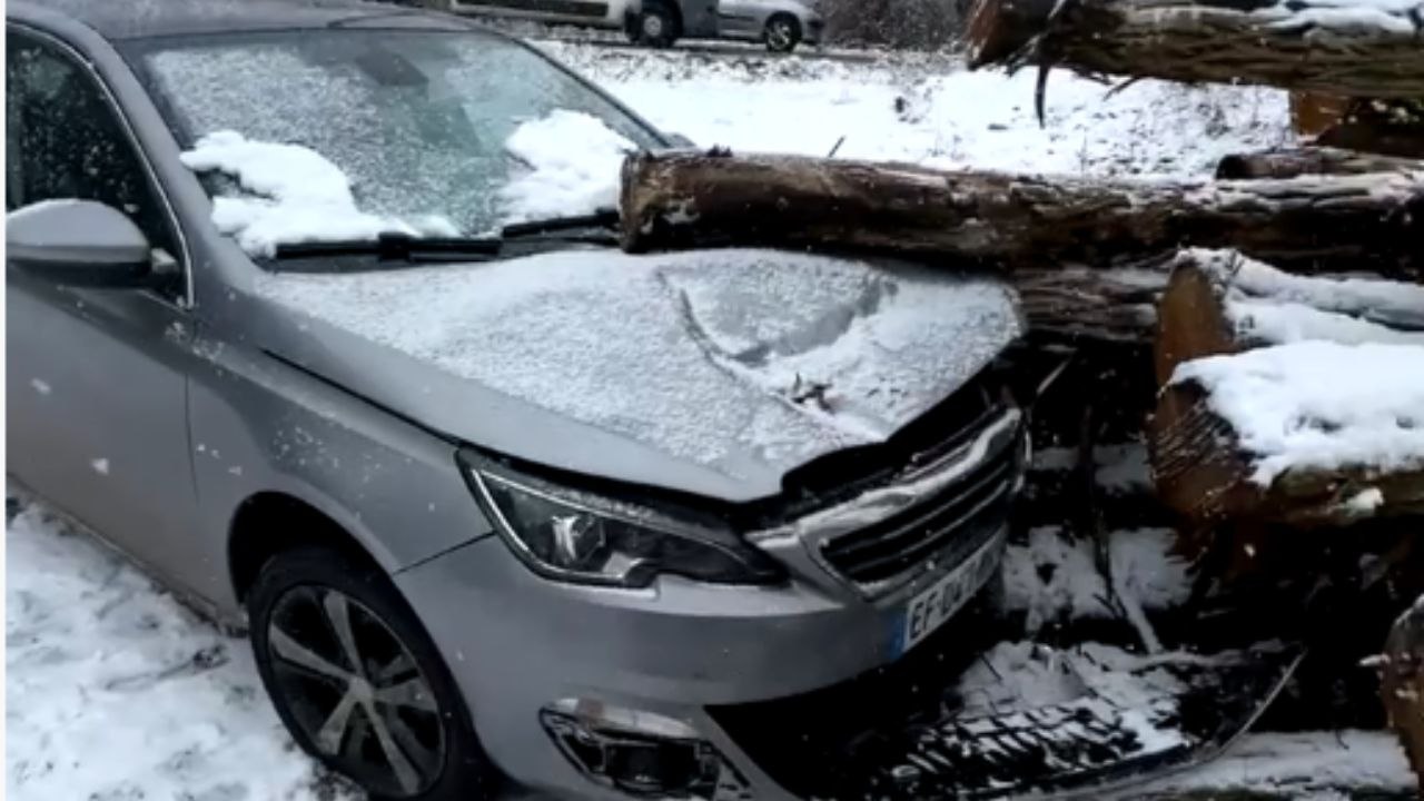 Tow truck rescues car after it lost control on the snow and crashed into logs