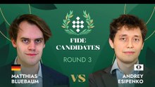 Bluebaum vs Esipenko – another intense Candidates battle!  Matthias Bluebaum faced Andrey Esipenko in Round 3 of the FIDE Candidates Tournament 2026.  A deep positional struggle between two strong grandmasters that ultimately finished in a draw.  #chess #