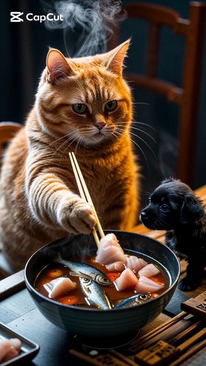 Cute Black Puppy 🐶 & Fat Orange Cat 😻  Eating Time Fun! 😍