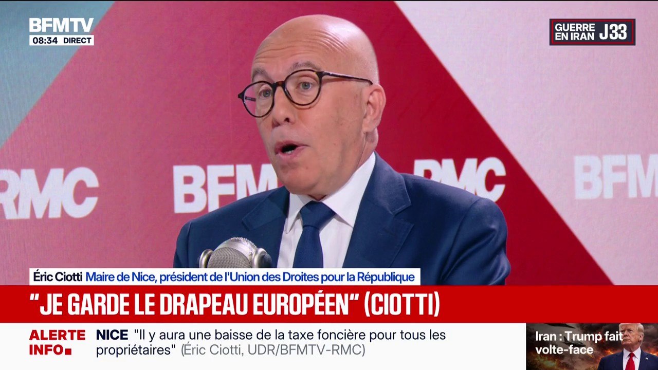 Maires RN ayant décroché le drapeau européen dans des mairies: "Je respecte leur choix (...), ce n'est pas le mien", explique Éric Ciotti, maire de Nice