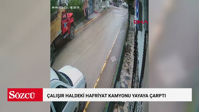 Çalışır halde bırakılan hafriyat kamyonu hareket edip kaldırımdaki yayaya çarptı; kaza kamerada