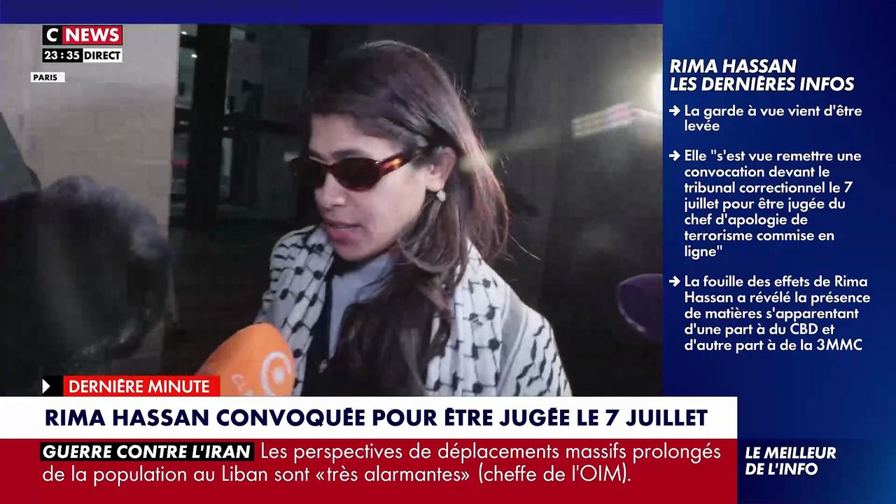 Rima Hassan est sortie de garde à vue et sera jugée le 7 juillet prochain pour apologie du terrorisme