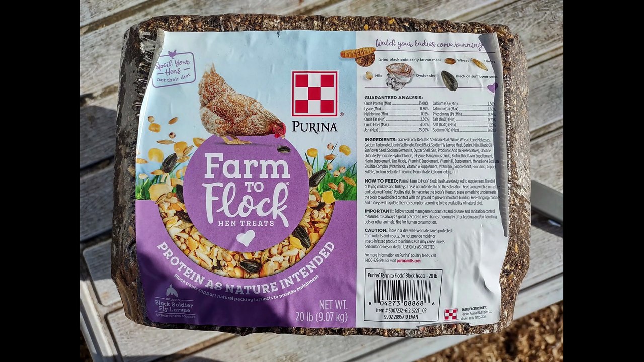I bought a 20 pound Purina Farm to Flock Hen Treats block for my newest flock of hens.