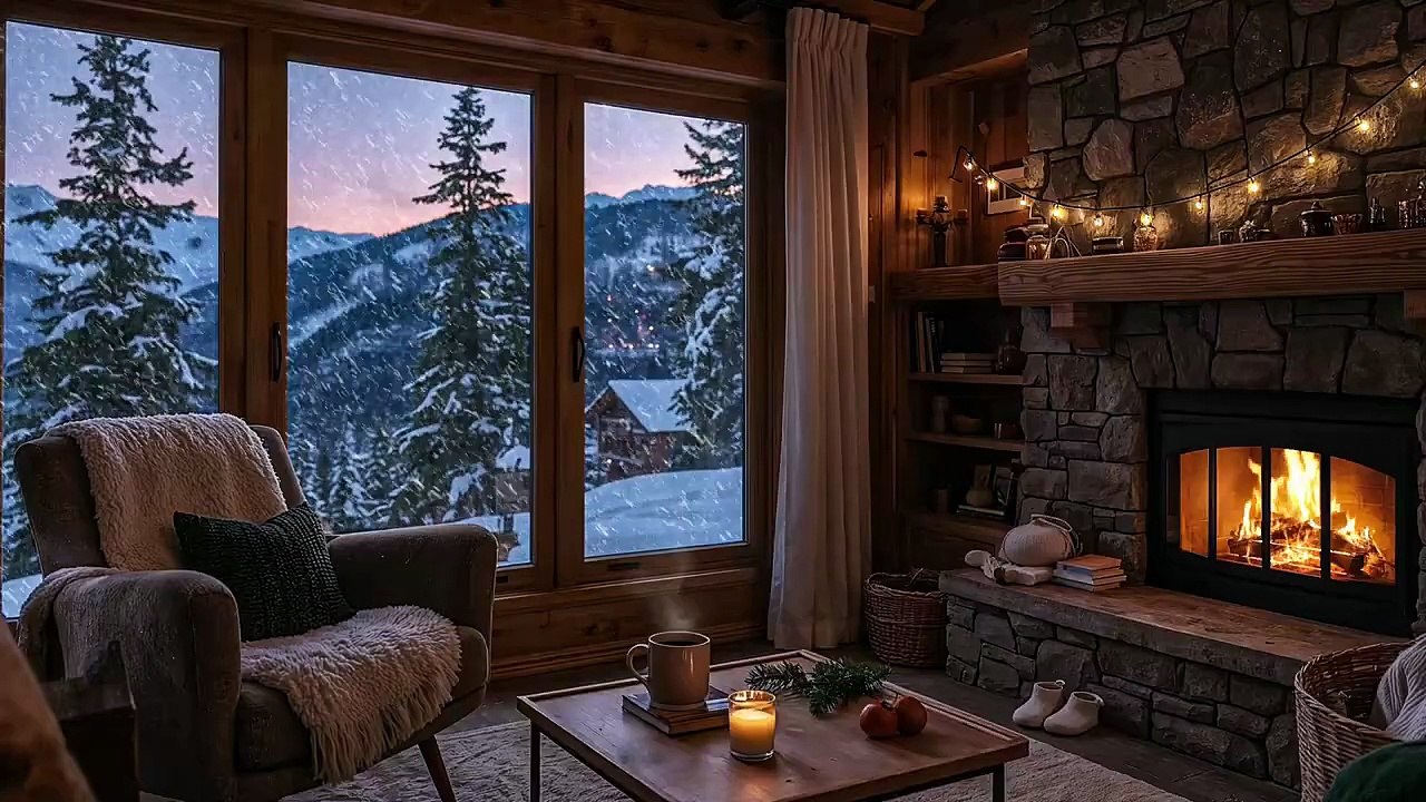 Chalet d'hiver en bois avec une ambiance chaleureuse de cheminée 🔥