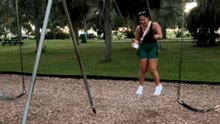Girl pushes limits and jumps off a swing only to take a chaotic fall