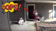 Granny slips while carrying items and takes a fall