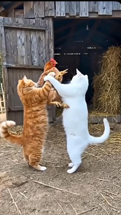 The rooster ends the cat’s party and rescues his wife!