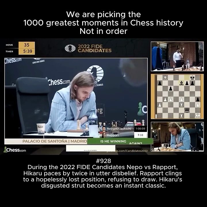 During the 2022 Candidates, Nepomniachtchi’s crushing attack against Rapport had Hikaru pacing the hall in disbelief, watching Rapport defend a completely lost position instead.