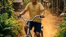 A young boy joyfully rides his bicycle on a quiet village road during sunset, the golden light creating long shadows. Coconut trees sway gently as birds fly back to their