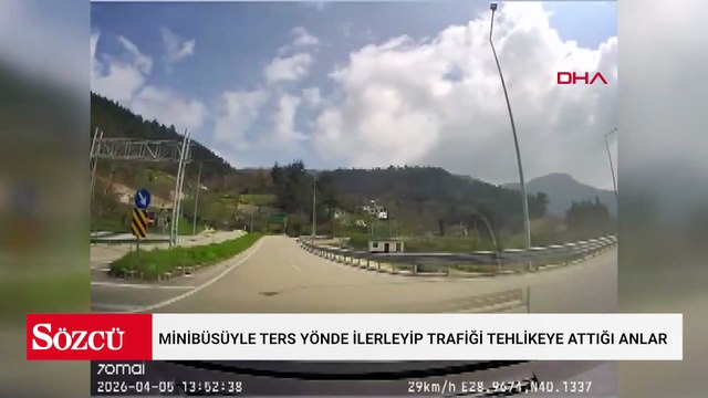 Minibüsüyle ters yönde ilerleyip trafiği tehlikeye attığı anlar kamerada