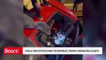 Tuzla TEM Otoyolu'nda TIR devrildi; trafik yoğunluğu oluştu