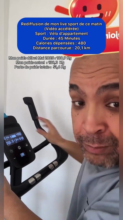 Rediffusion de mon live sport de ce matin (Vidéo accélérée)Sport : Vélo d'appartementDurée : 45 MinutesCalories dépensées : 480 Distance parcourue : 20,1 km#motivation #pertedepoids #diabete #nouvellevie #sport