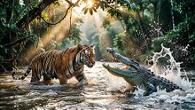 Tiger vs Crocodile River Battle