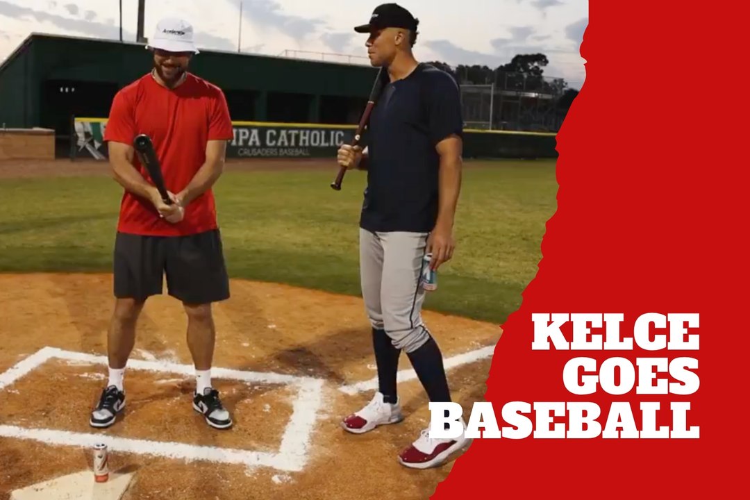 Travis Kelce shows off baseball skills with Aaron Judge