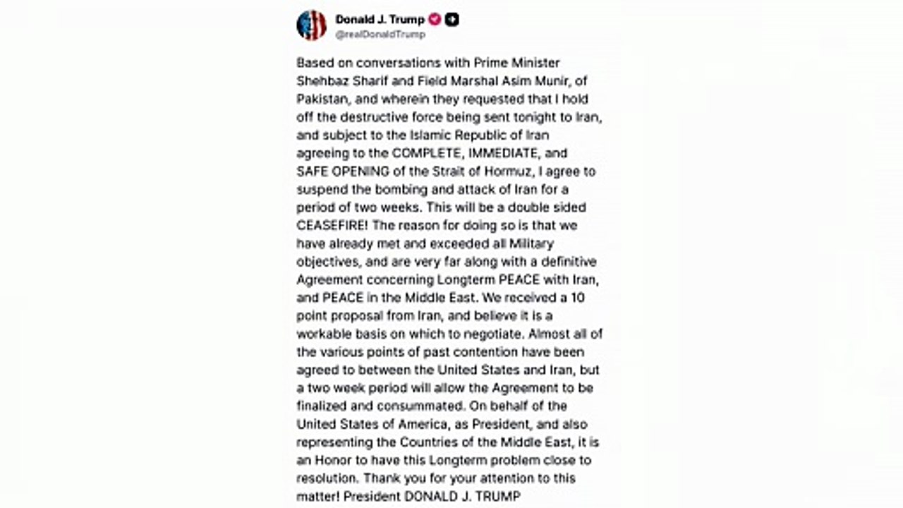 Trump da otras dos semanas a Irán para reabrir Ormuz y anuncia un alto el fuego bilateral