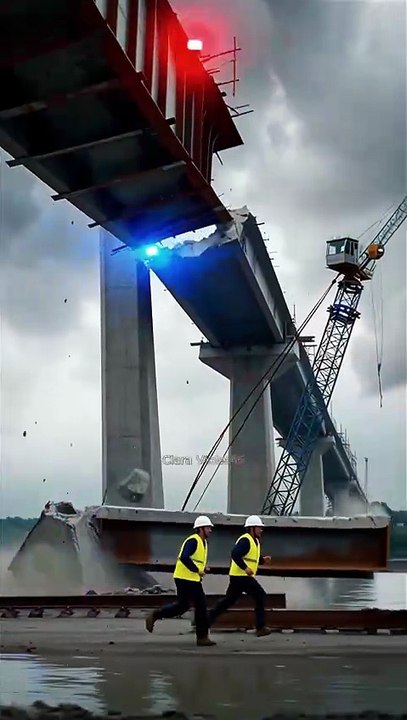 A realistic cinematic disaster scene at a large bridge construction site.This video is AI-generated