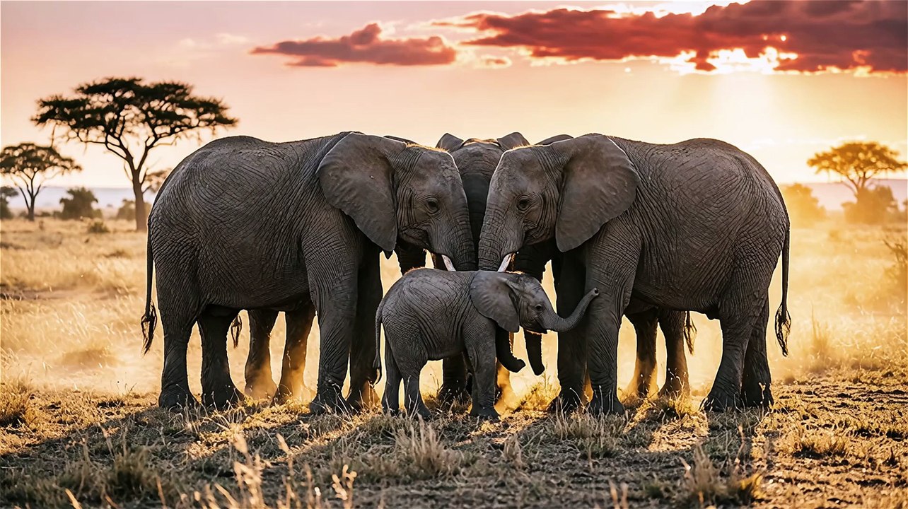 Elephant Herd Protecting Baby