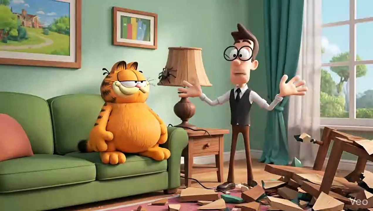 Garfield fights the spider but breaks the furniture