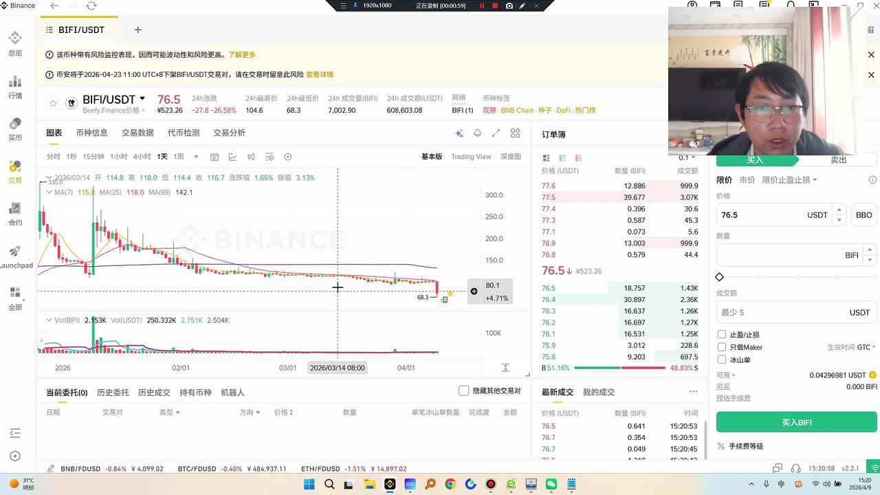 反弹后再继续空！！决定于2026年04月23日 1100（东八区时间）停止交易并下架以下币种：Beefy.Finance ($BIFI )FIO Protocol (FIO)FunToken (#fun )Measurable Data Token (#MDT )Orchid ($OXT )Wanchain ($WAN )  感觉有庄在里面，空间不好说有可能会拉升山寨币本质上缺乏真实技术、落地应用与长期价值支撑，绝大多数只是短期