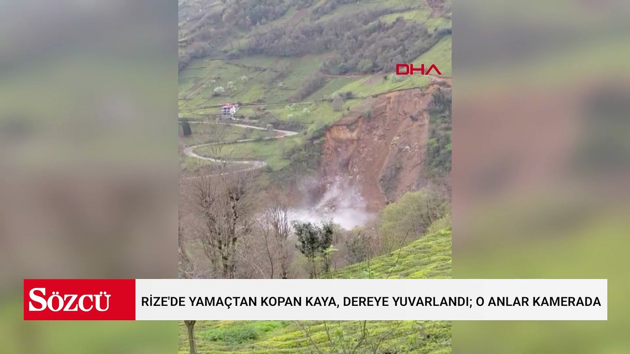Rize'de yamaçtan kopan kaya, dereye yuvarlandı; o anlar kamerada