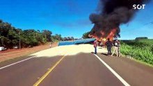 Violenta colisão entre carro e caminhão provoca incêndio, interdita rodovia e deixa motorista em estado grave na BR-277 em Céu Azul
