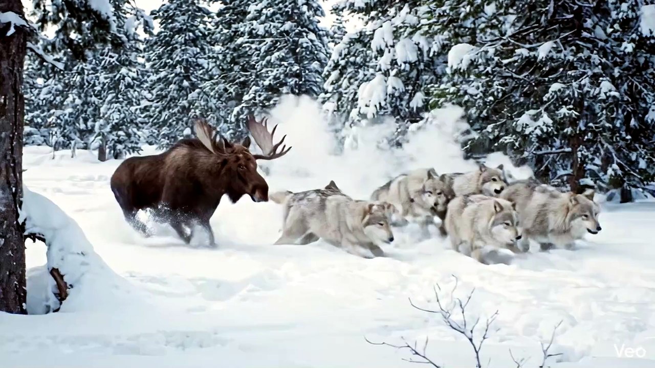 Wolf Pack Hunting in Snow
