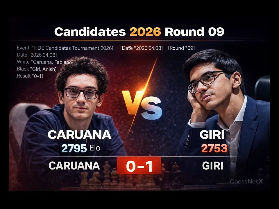 FIDE Candidates 2026 – Round 09   Anish Giri delivers a stunning victory over Fabiano Caruana (0–1)! Precision, patience, and pure calculation — this game had it all.  where strategy meets cinematic storytelling. #chessnetx #FIDE2026 #CandidatesTournament