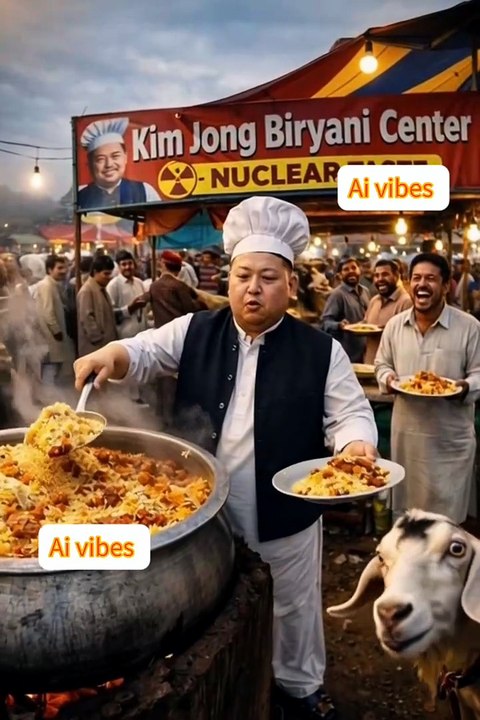 What if Kim Jong Un started selling biryani in a desi maveeshi mandi? 😂🍛 This hilarious AI-generated meme reel shows Kim Jong serving “Atomic Biryani” in a chaotic bakra mandi with goats, funny reactions, and desi viral vibes. Perfect TikTok meme, Insta