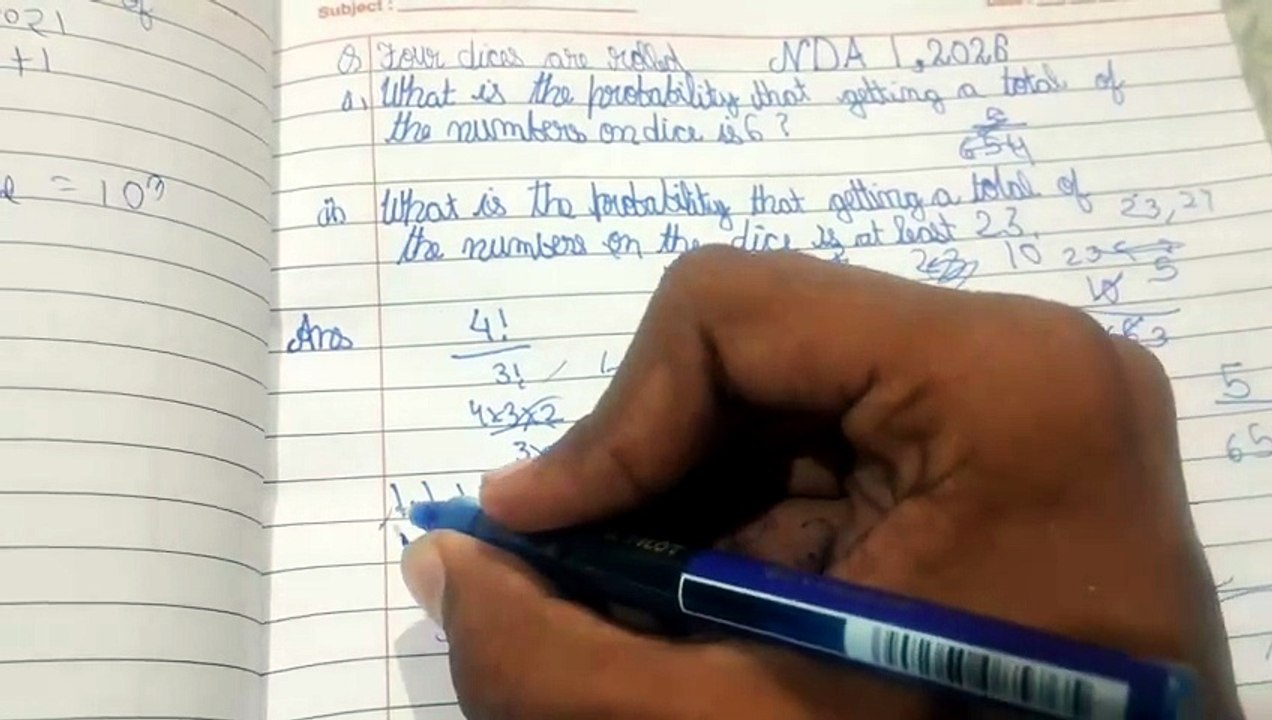 four dices are rolled (i) what is the probability that getting a total of the numbers on the dice is 6  (ii)what is the probability that getting a total of the numbers on the dice is at least 23 #nda12026qpdiscuss #nda1 2026 paper discussed